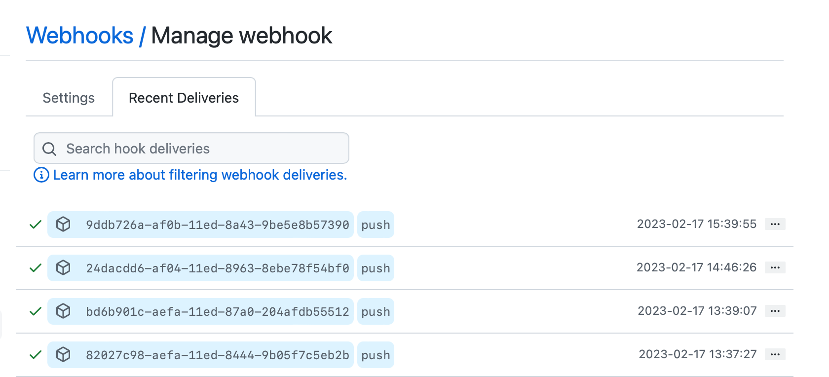 Screenshot der Registerkarte „Letzte Übermittlungen“ auf der Seite „Webhook verwalten“.