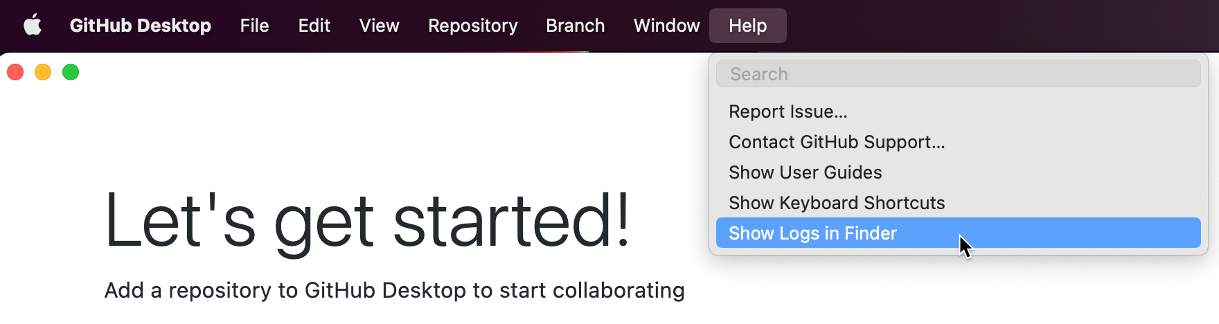 Capture d’écran de la barre de menus « GitHub Desktop » sur un Mac. Sous le menu déroulant « Aide » développé, un curseur pointe sur « Afficher les journaux dans le Finder », mis en évidence en bleu.