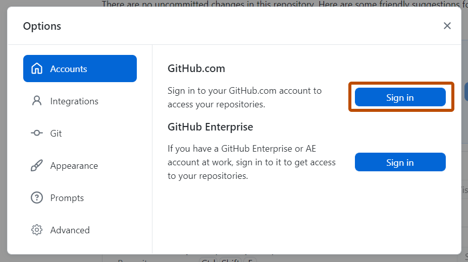 Capture d’écran du volet « Comptes » dans la fenêtre « Options ». À côté de « GitHub.com », un bouton intitulé « Se connecter » est entouré d’un encadré orange.