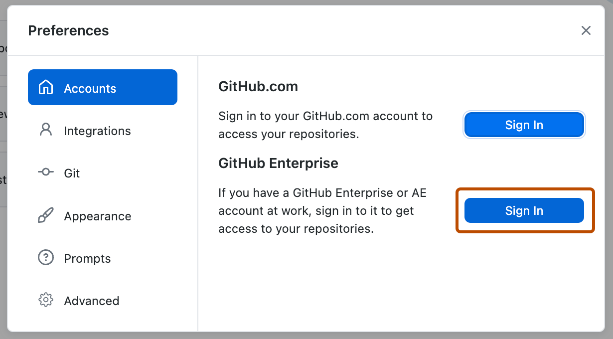 Capture d’écran du volet « Comptes » dans la fenêtre « Préférences ». À côté de « GitHub Enterprise », un bouton intitulé « Se connecter » est entouré d’un encadré orange.