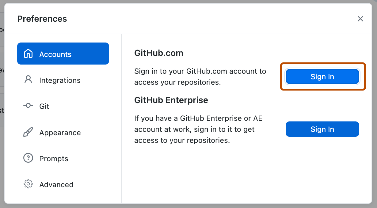 Capture d’écran du volet « Comptes » dans la fenêtre « Préférences ». À côté de « GitHub.com », un bouton intitulé « Se connecter » est entouré d’un encadré orange.