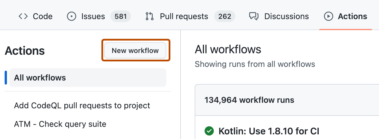 存储库的“操作”选项卡的屏幕截图。 “新建工作流”按钮以橙色轮廓突出显示