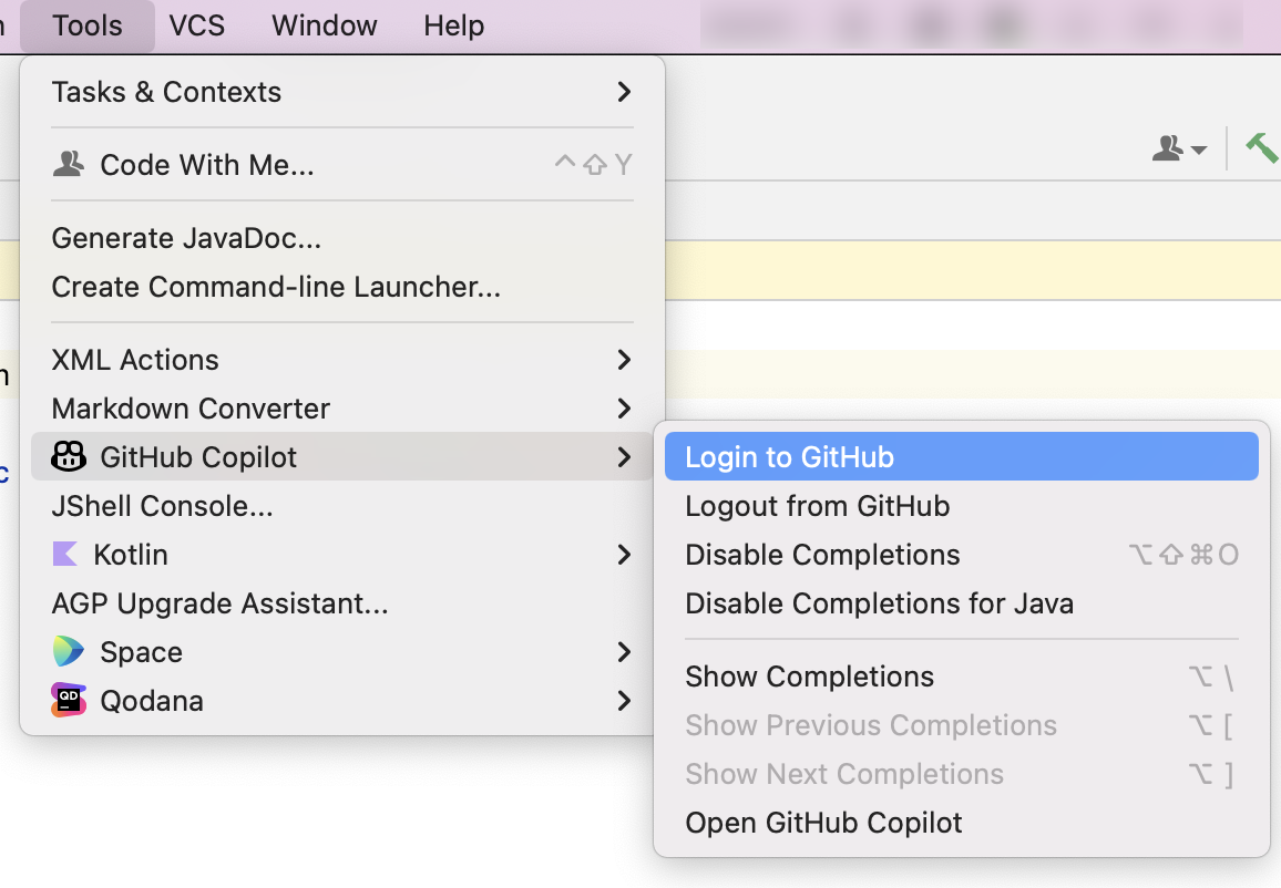 Снимок экрана: меню инструментов JetBrains.