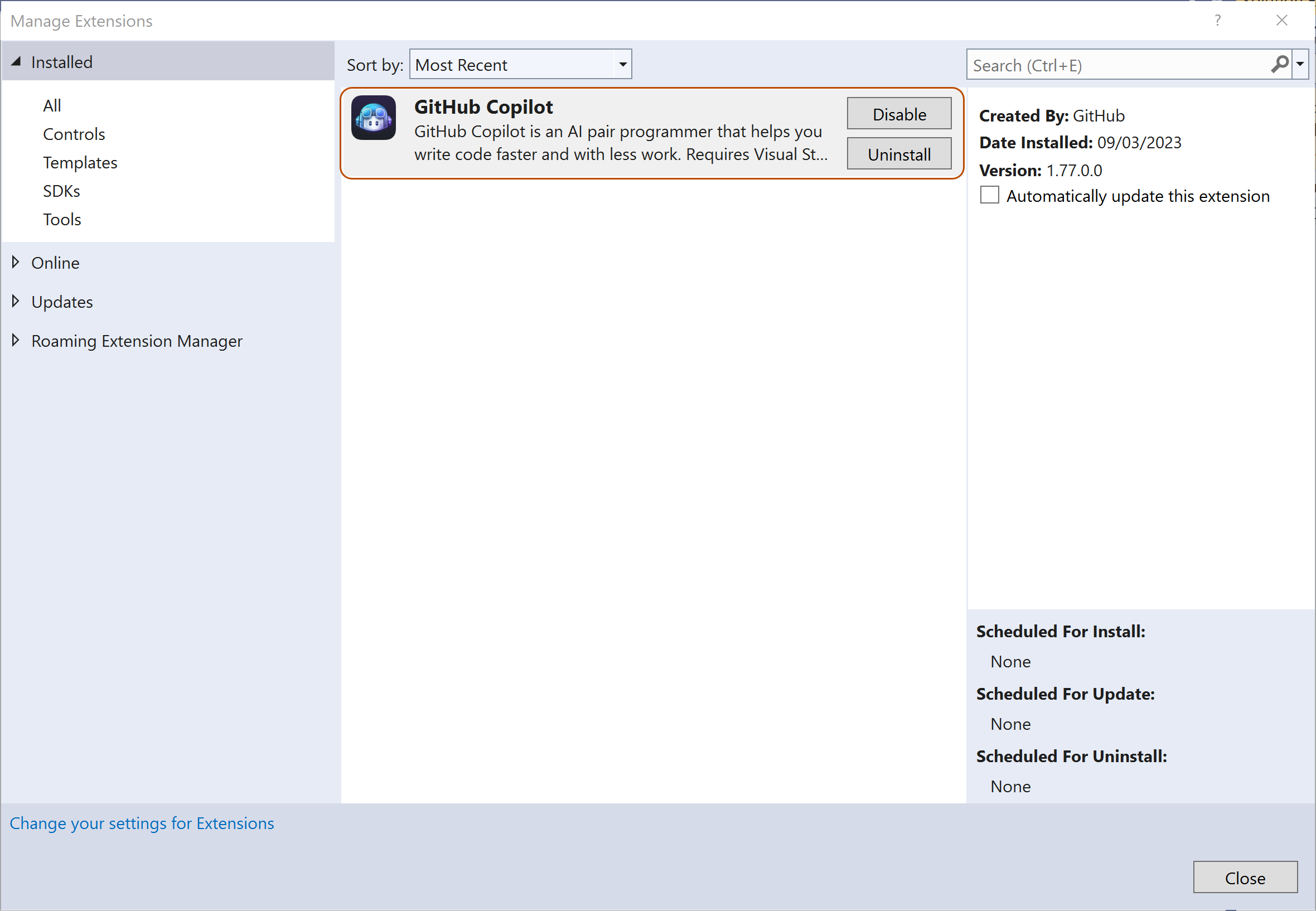 Снимок экрана: установленные расширения в Visual Studio с выделенным GitHub Copilot.