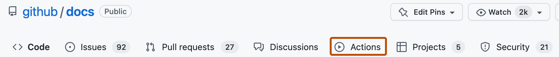 Onglet Actions dans le volet de navigation principal du dépôt.