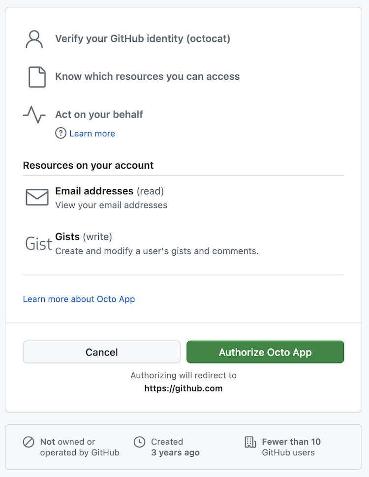Снимок экрана: страница для авторизации Приложение GitHub. Приложение запрашивает доступ на чтение к электронной почте и доступ на запись к gists.