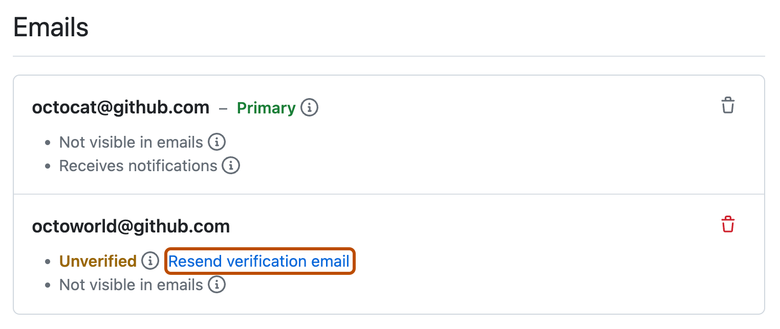 Capture d’écran d’une liste d’adresses e-mail dans la page « E-mails ». Sous une adresse e-mail, un lien intitulé « Renvoyer un e-mail de vérification » est encadré en orange.