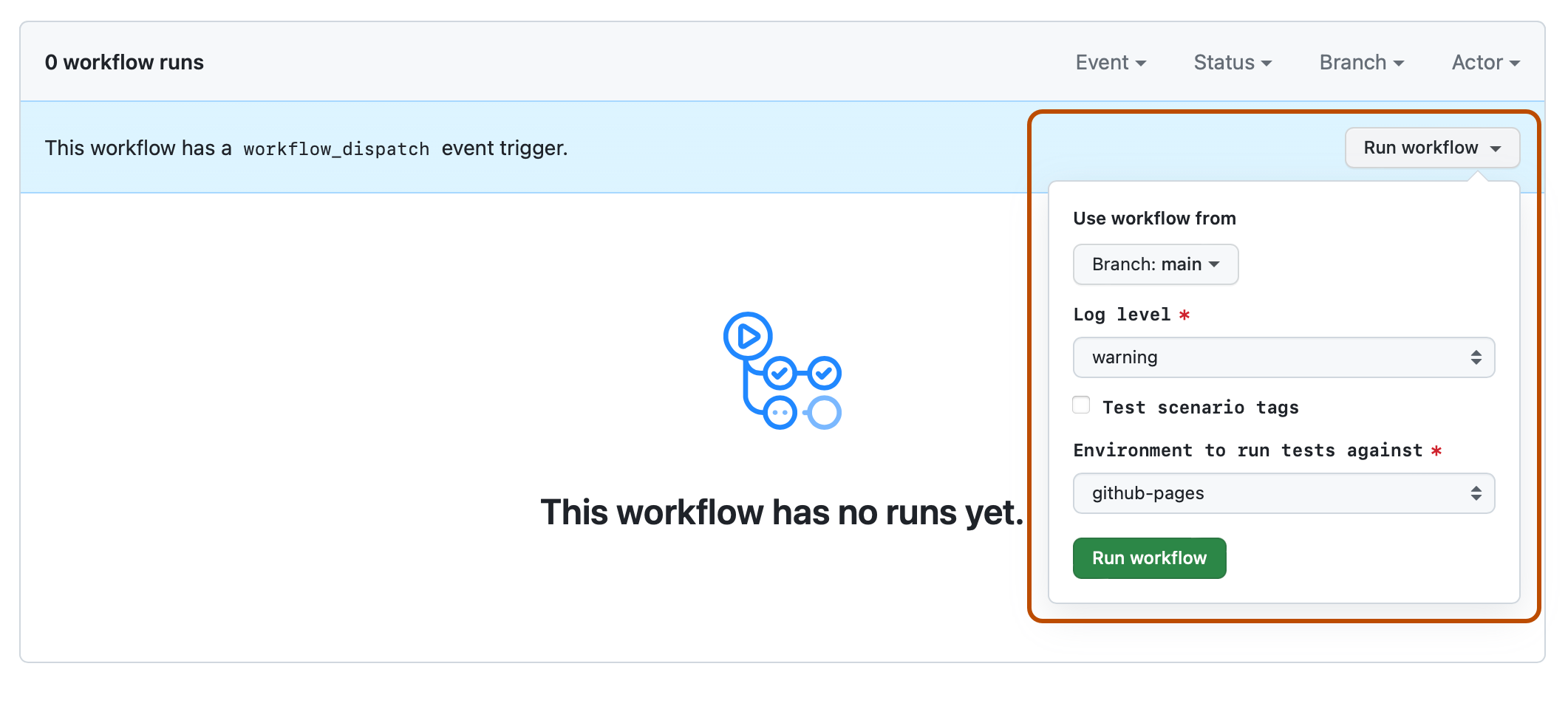 Capture d’écran d’une liste d’exécutions de workflow. Un menu déroulant, intitulé « Exécuter le workflow » et développé pour afficher les champs d’entrée, est encadré en orange foncé.