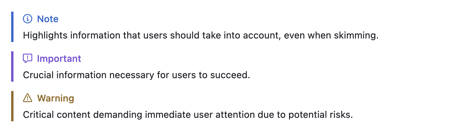 Screenshot of rendered Markdown showing how alerts render as colored boxes with icons.