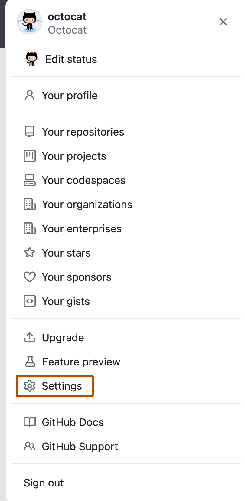 Capture d’écran du menu du compte de GitHub montrant les options permettant aux utilisateurs d’afficher et de modifier leur profil, leur contenu et leurs paramètres. L’élément de menu « Paramètres » est présenté en orange foncé.