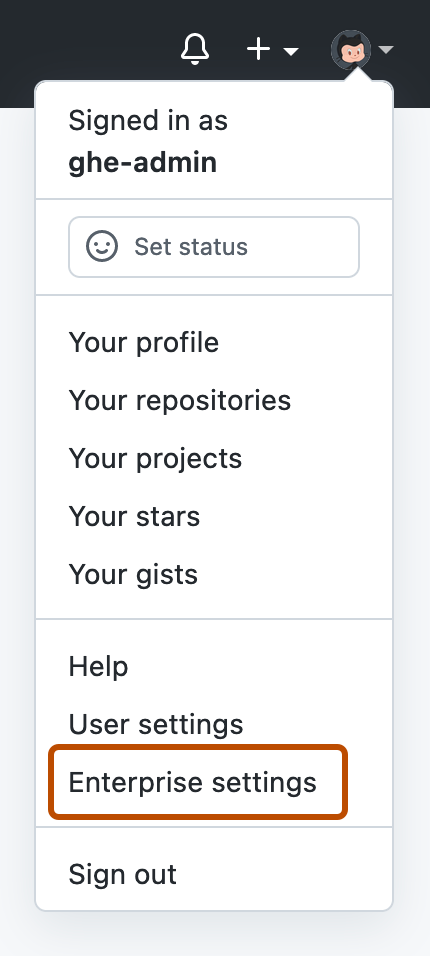 Capture d’écran du menu déroulant qui s’affiche lorsque vous cliquez sur la photo de profil sur GitHub Enterprise Server. L'option "Paramètres de l'entreprise" est mise en évidence par un contour orange foncé.