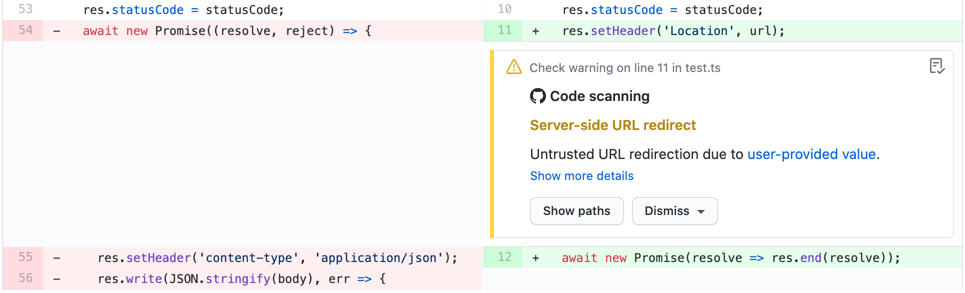 Capture d’écran montrant une annotation d’alerte dans un diff de demande de tirage.