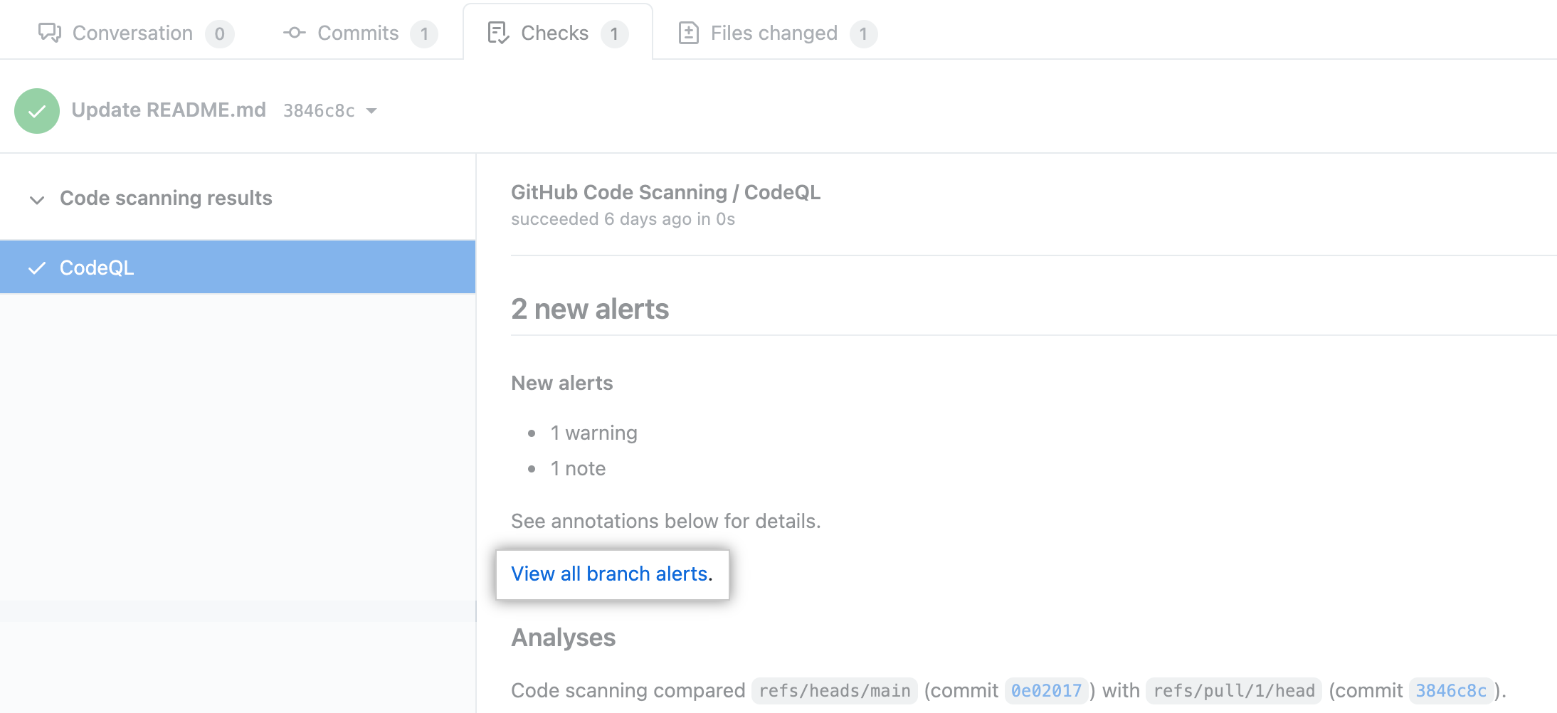 Capture d’écran de la vérification des résultats de l’Code scanning sur une demande de tirage. Le lien « Voir toutes les alertes de branche » est mis en évidence.
