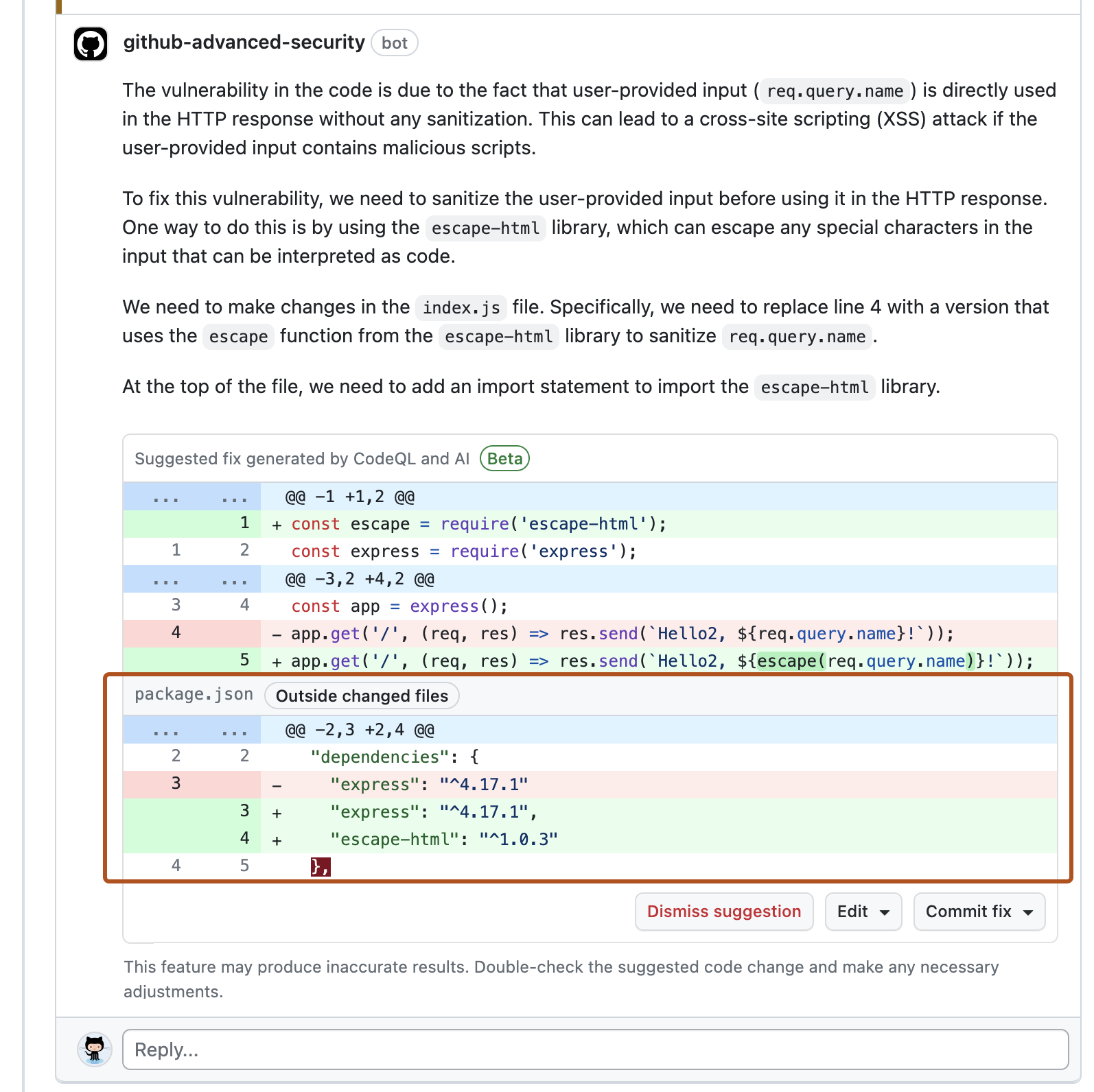 Screenshot of the autofix suggestion for an alert showing the explanation and suggested fix to the current file. Suggested changes to an additional file, "package.json", are outlined in dark orange.
