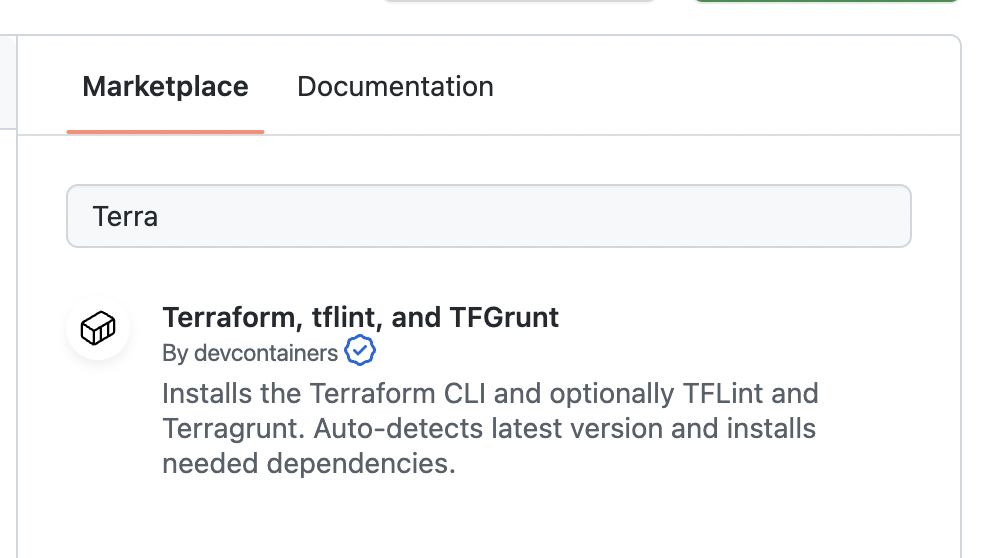 Capture d’écran de l’onglet Place de marché avec « Terra » dans la zone de recherche et la fonctionnalité Terraform listée dans les résultats de la recherche.