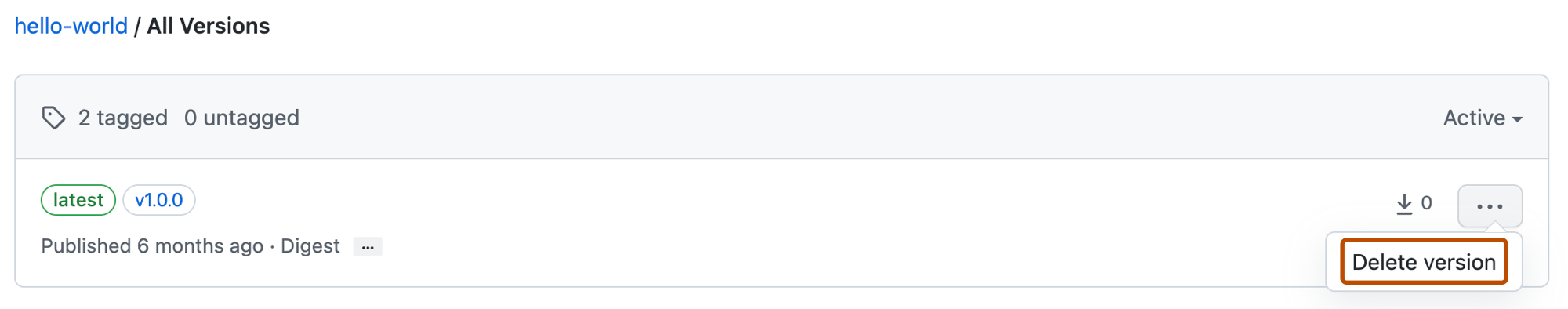 Capture d’écran d’une version de package avec un bouton de menu déroulant représenté par une icône de kebab. Le lien « Supprimer la version » dans le menu est mis en évidence avec un encadré orange.
