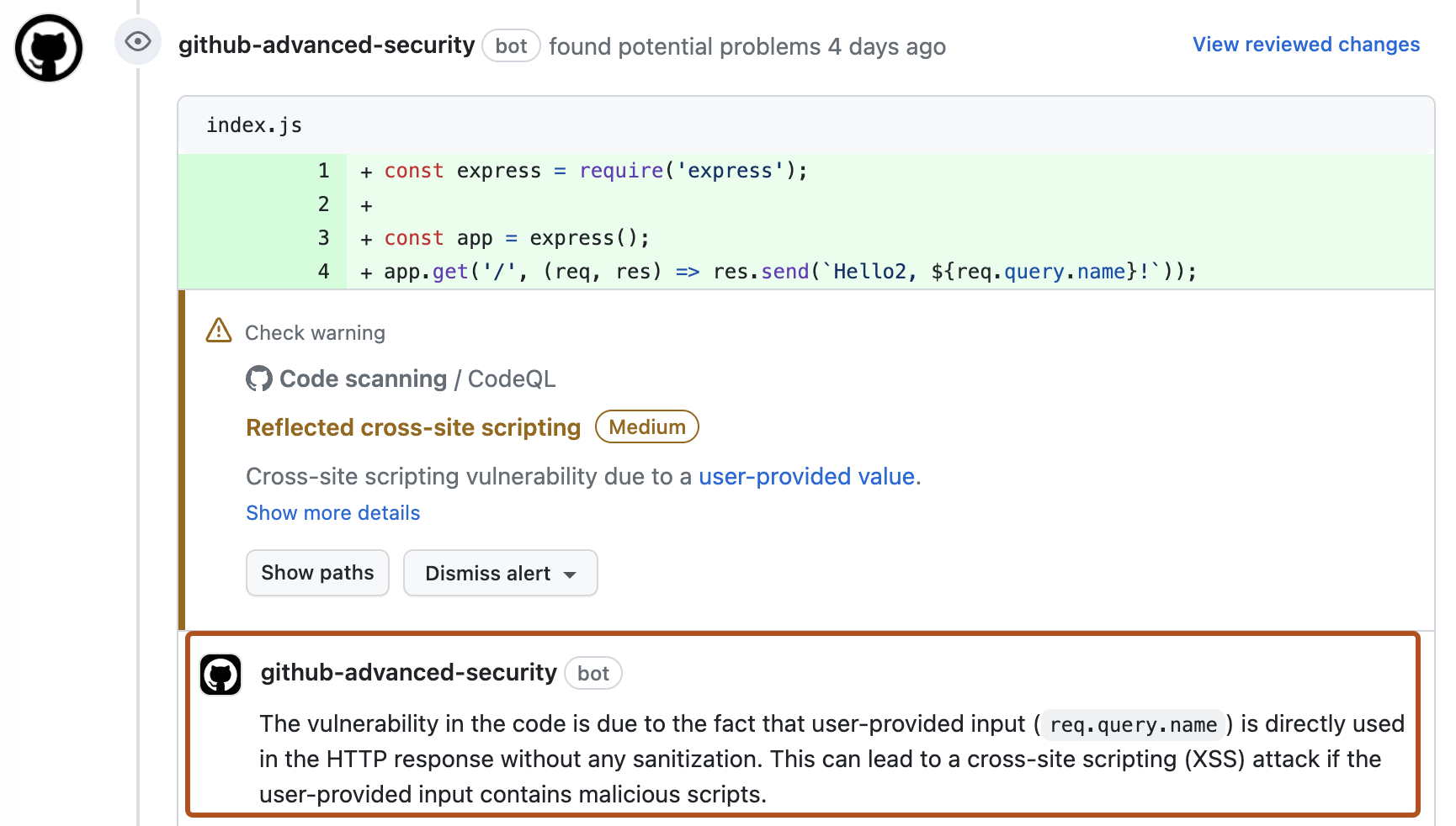 Screenshot of the check failure for a code scanning alert in a pull request. The first paragraph of the "autofix" suggestion for the alert is highlighted in dark orange.