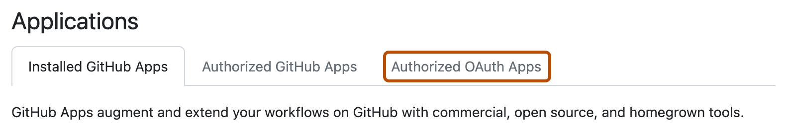 Capture d’écran de la page « Applications ». Un onglet intitulé « Applications OAuth autorisées » est mis en surbrillance avec un contour orange.