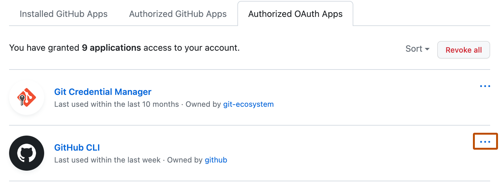 Capture d’écran de l’onglet « OAuth apps autorisées ». À droite du nom d’une application, une icône de trois points horizontaux est encadrée en orange.