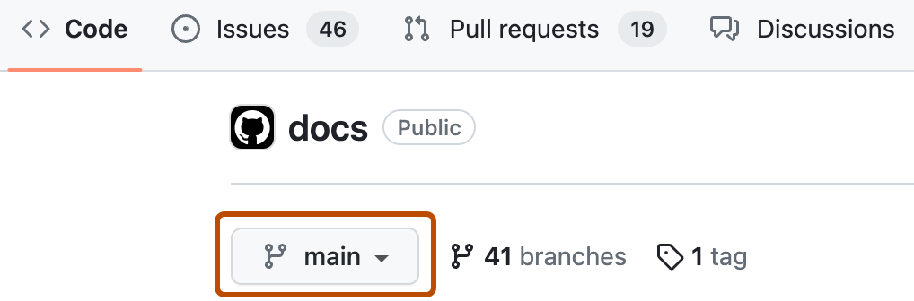 Screenshot of the repository page. A dropdown menu, labeled with a branch icon and "main", is highlighted with an orange outline.