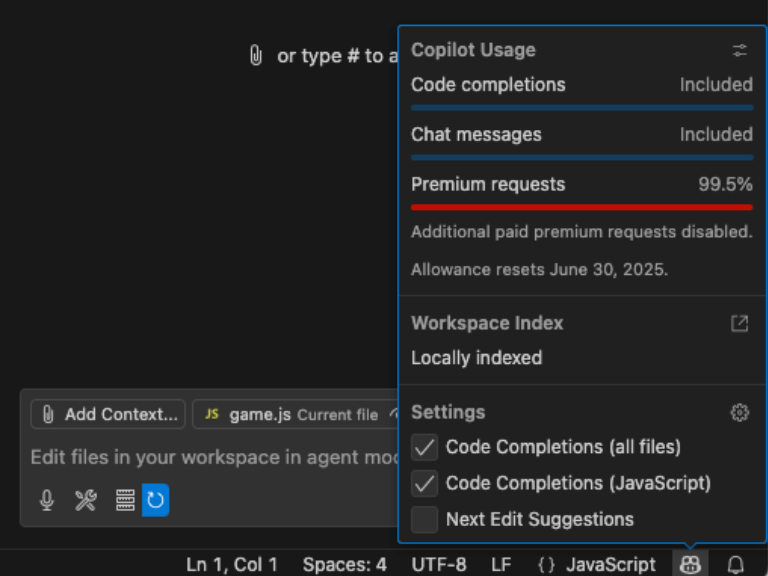 Screenshot of the Copilot current usage window in Visual Studio Code. The "Code completions" and "Chat messages" bars indicate they are included with the user's Copilot plan. The "Premium requests" bar indicates the user has used 99.5% of their allowance, and that it will reset on June 30, 2025.