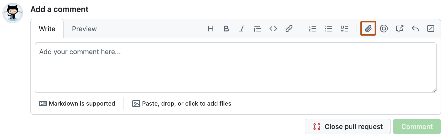 Screenshot of the pull request comment box. The "Attach files" icon is outlined in orange.