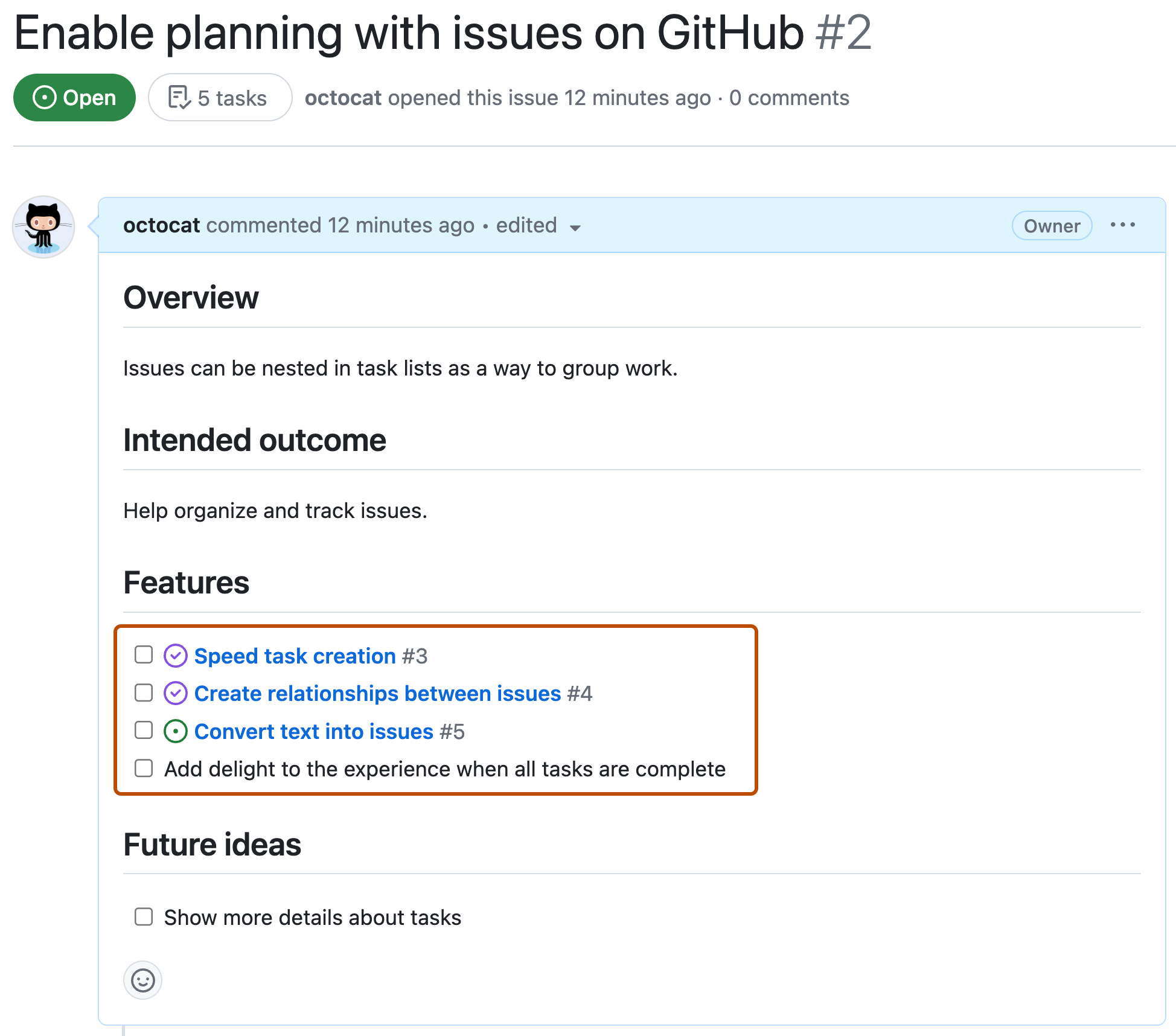 Screenshot of an issue showing a tasklist under the header "Features." Three list items link to other issues.