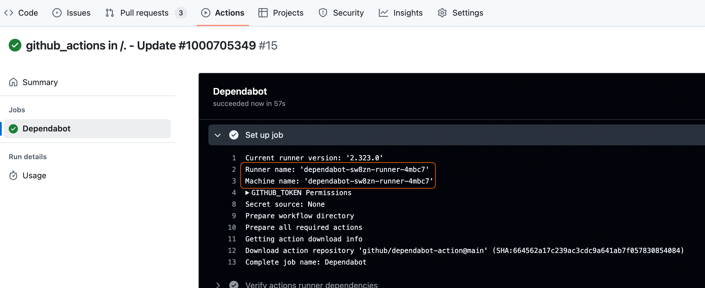 Example of log for a dependabot self hosted runner.